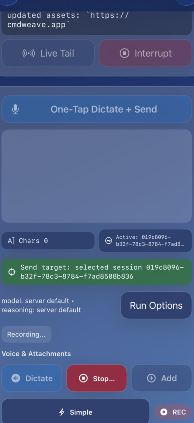 CmdWeave run controls and attachment workflow panel